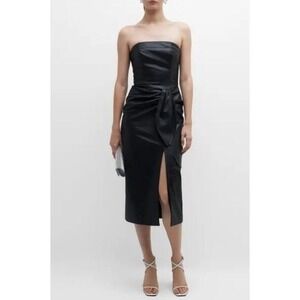 Shoshanna Midnight Black Faux Leather Strapless Midi Evening Cocktail Dress Sz 8